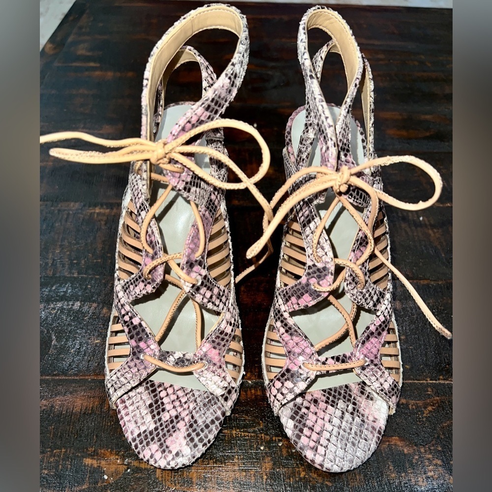 1. State Women's Kayya Snake Print Leather Chucky Heel Caged Sandals